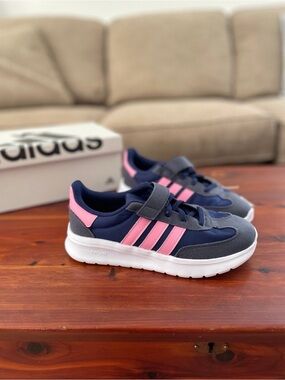 Adidas Girls Youth 3 Navy Blue Pink Velcro Sneakers Run 70s 2.0 Kids NWT